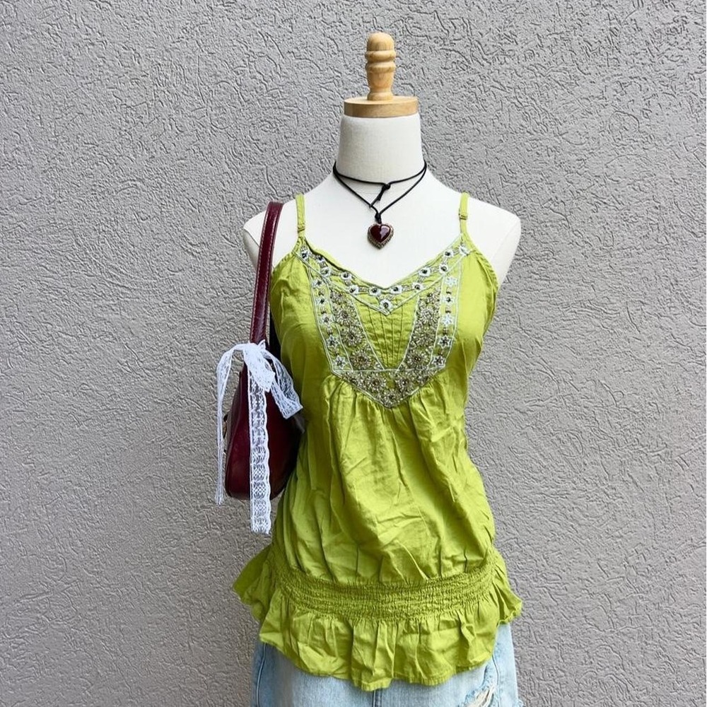 Vintage Y2K Apt 9 Lime Green Beaded Tank Top Size Large Boho Festival